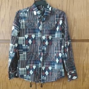 Murano Men's Patchwork Plaid Shirt - Blue and Brown